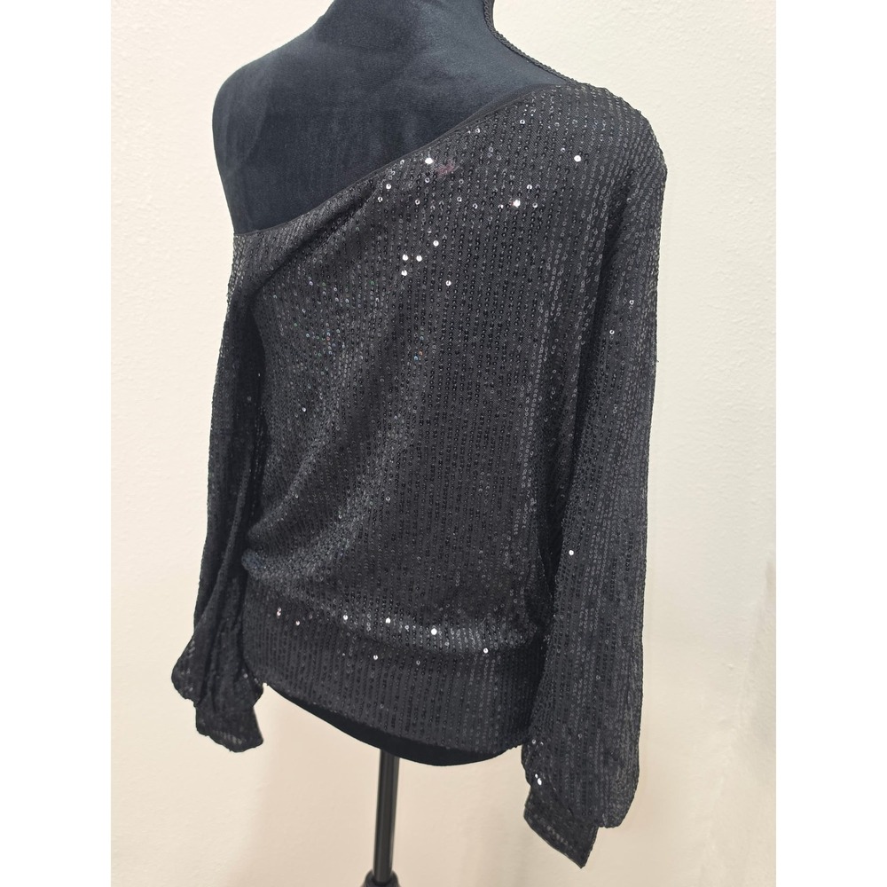 Black Sequined One Shoulder Long Sleeve Top Evening Party Blouse - Picture 8 of 8
